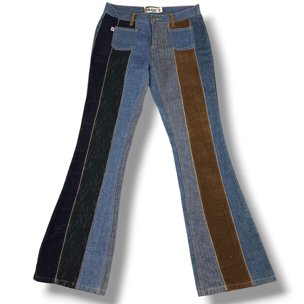 Plugg Vintage Mid Rise Flare Jeans Two Toned Corduroy 70's Hippie Core Retro 5